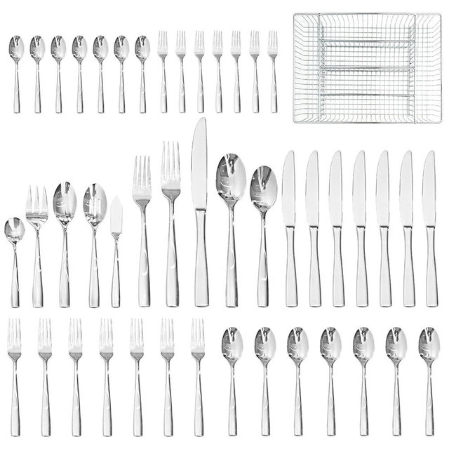 HIKAA 45-Piece Silverware Set with Organizer, Heavy Duty Stainless Steel Flatware for 8, Cutlery Utensil Sets with Serving Utensils, Mirror Polished, Dishwasher Safe