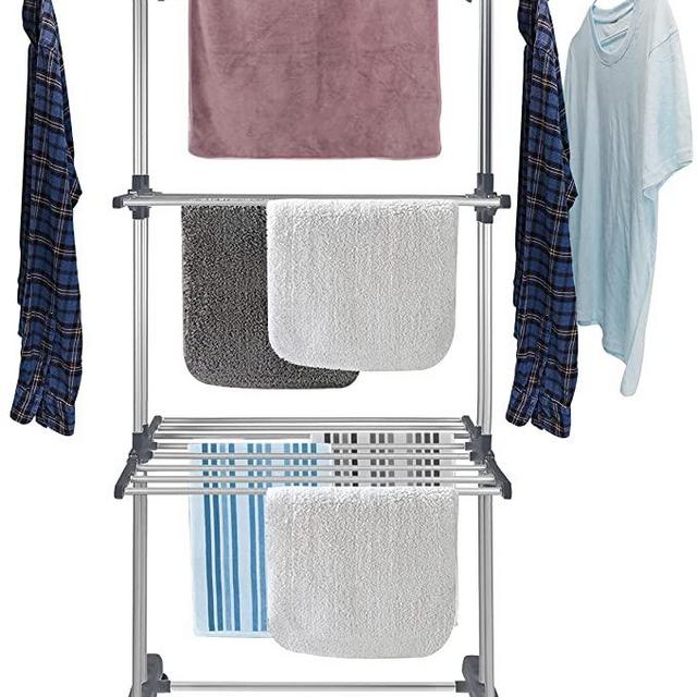 Bigzzia Clothes Drying Rack Folding Clothes Rail 3 Tier Clothes Horses Rack Stainless Steel Laundry Garment Dryer Stand with Two Side Wings Grey