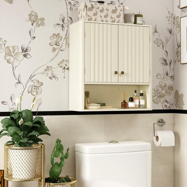 Costway Bathroom Wall Cabinet w/Fluted Doors Adjustable Shelf Open Storage Cube Beige