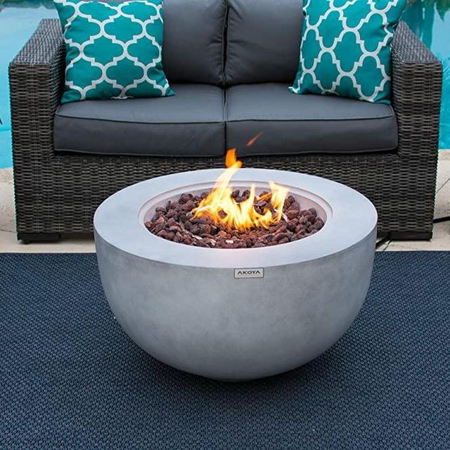 AKOYA Outdoor Essentials 30" Fiber Concrete Outdoor Propane Gas Fire Pit Table Bowl in Gray