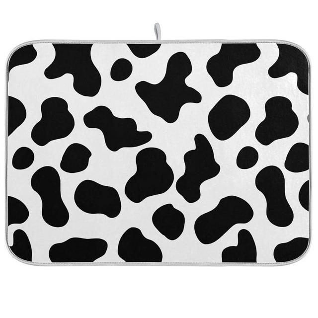 Cow Spots Black and White Dish Drying Mat 16x18 for Kitchen Counter Rustic Farm House Country Style Dishes Pad Absorbent Fast Dry Dish Draining Mats Large Kitchen Accessories