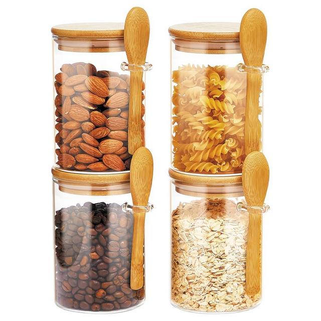 Spreccio Set of 4 Airtight Glass Jars with Bamboo Lids and Spoons, 22 OZ Glass Food Storage Jars Perfect for Coffee, Tea, Sugar, Spices, Beans, and More