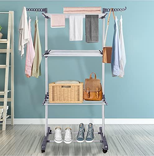 Innotic Clothes Drying Racks for Laundry Foldable 3-Tier Rolling Collapsible Garment Laundry Dryer Hanger Rack Rail Stand Stainless Folding Indoor/Outdoor with Side Wings and Casters(Gray)