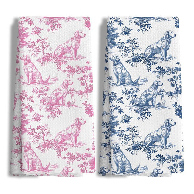 Nipil Chinoiserie Golden Retriever Kitchen Towels Set of 2,Pink and Blue Golden Retriever Gifts Decorative Dish Tea Towels,Grandmillennial Botanical Dog Hand Towels for Kitchen Bathroom,16x24 Inch
