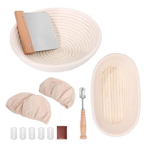 Bread Proofing Basket Set, 9.6 Inch Oval & 10 Inch Round Banneton, Natural Rattan Proofing Baskets with Bread Lame + Dough Scraper + Linen Liner - Bread Making Tools for Professional & Home Bakers
