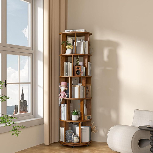 5 Tier Rotating Bookshelf Tower Spinning Bookshelf with Swivel Wheels Book Shelf Rotating Storage Tower for Kids Adult Narrow Walnut Solid Wood Revolving Bookcase Organizer for Bedroom Living Room