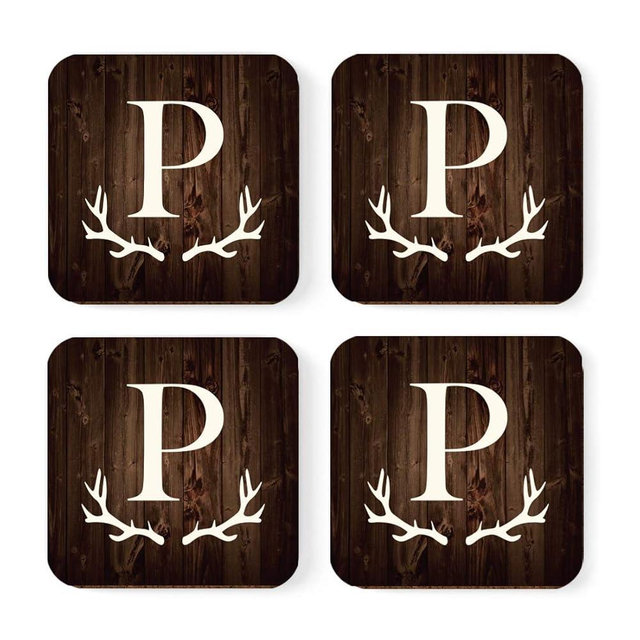Andaz Press Square Coffee Drink Monogram Coasters Gift Set, Initial Letter P, Rustic Wood Deer Antler, 4-Pack, Wedding Bridesmaid Maid of Honor Gifts, Housewarming Ideas