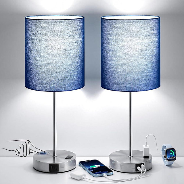 Blue Touch Lamps for Nightstand Set of 2 - Bedside Table Lamp for Bedroom with Dual USB Ports & AC Outlet, 3-Way Dimmable Lamps for Living Room Boys Room, Night Light with 5000K Daylight Bulbs