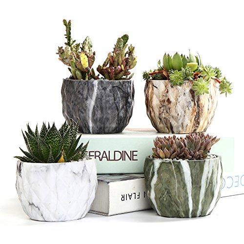 Sun-E Modern Style Marbling Ceramic Flower Pot Succulent/Cactus Planter Pots Container Bonsai Planters with Hole 3.35 Inch Perfect Gift Idea(4 in Set)