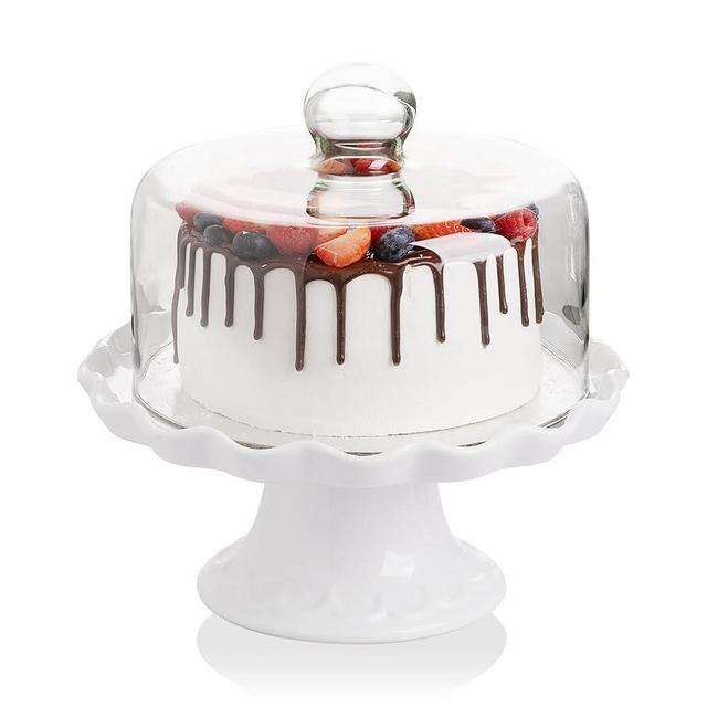 Sweejar 10-Inch Porcelain Cake Stand with Glass Lid, Round Cake Plate for 6 Inches Cake, Cake Stands for Birthday Parties，Weddings and Other Events, Home Decorating (White)