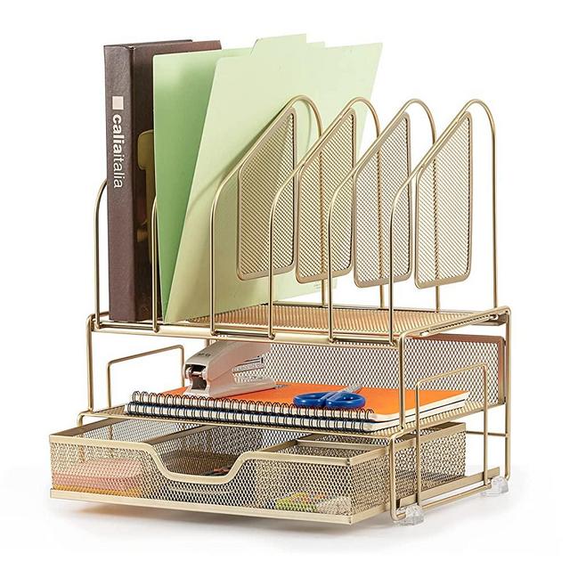 Beiz Gold Office Accessories Desk Organizer with Storage Drawer, 2 Paper Tray & 5 Upright Slots, File Folder Holders Desktop Organization, Cute Desk Supplies for Women Office Home School College Dorm