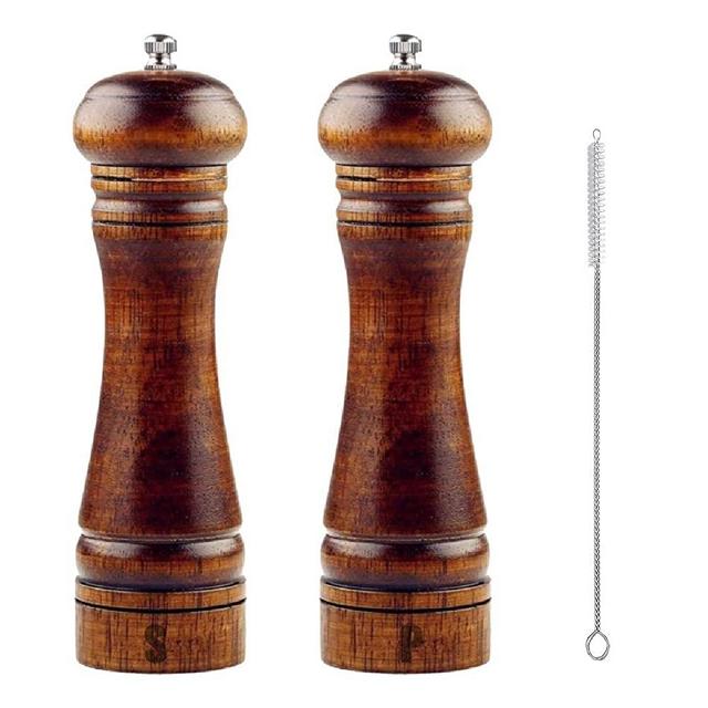 S & C Kitchen - Wooden Salt and Pepper Grinder Set with a cleaning brush - 8 inch tall - Adjustable Ceramic Rotor and easily refillable. Wooden Salt and Pepper Grinder Set - 2 Grinders (Mills) & brush