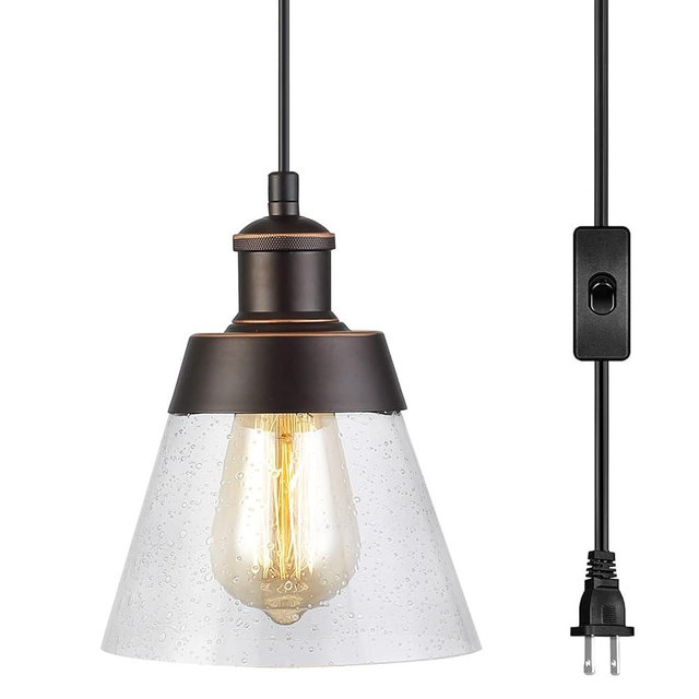 Fivess Lighting Rustic Glass Plug in Pendant Light with 15ft Cord, On/Off Switch, Handblown Clear Seeded Mini Hanging Fixture for Kitchen Island Sink Bar Farmhouse, Oil Rubbed Bronze (FSS3203-1P)