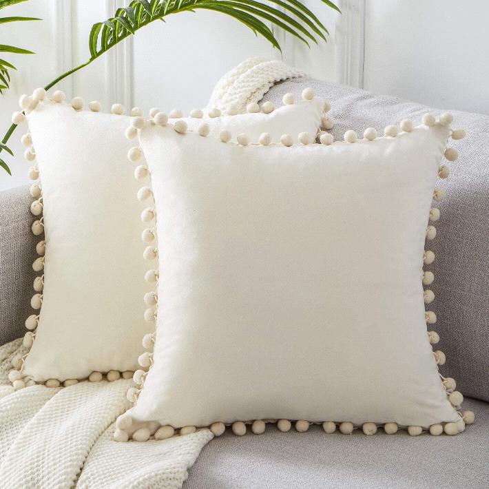 Top Finel Square Decorative Throw Pillow Covers Soft Velvet Outdoor Cushion Covers 18 X 18 with Balls for Sofa Bed, Set of 2, Cream