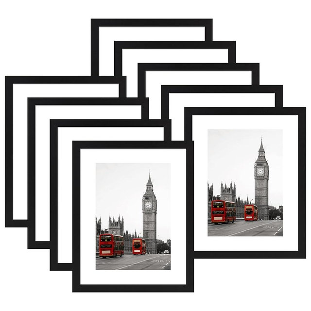 YESKAY 11x14 Picture Frame Set of 9, Photo Gallery Wall Frame Set, Display Pictures 8x10 with Mat or 11 x 14 Without Mat, Multi Photo Frames for Wall Mounting or Table Top Display, Black