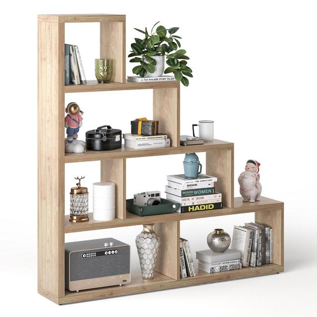 Costway 6 Cubes Ladder Shelf Freestanding Corner Bookshelf Storage Bookcase Display Rack Natural