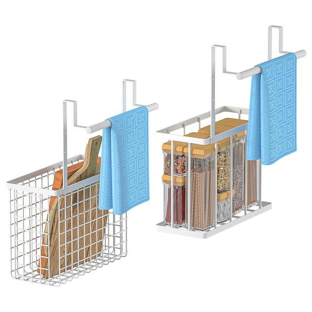 iNUREYE 2 Pack Cabinet Door Organizer, Kitchen Wall Mount Storage Basket, Cutting Board Organizer with Towel Bar, Over The Cabinet Door Organize with Towel Rack White