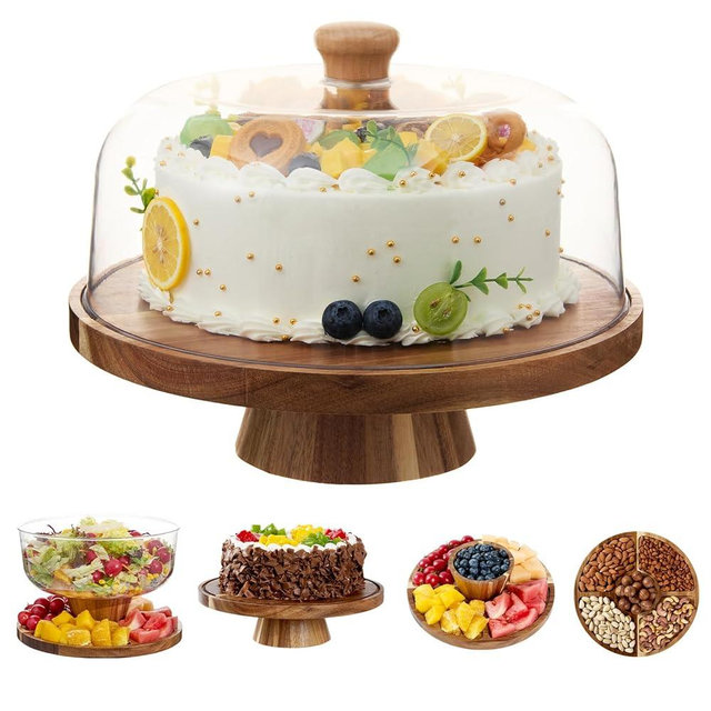 Timboops Home Acacia Wood Cake Stand with Lid, 6-in-1 Multifunctional Cake Plate, Cake Holder, Serving Tray, Fruit Platter, Salad Bowl, Dessert Table Display & Acrylic Cake Dome Cover