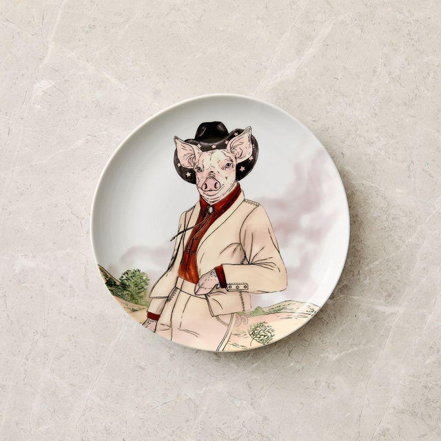 Dapper Animal Salad Plate, Western Pig, Porcelain, Each