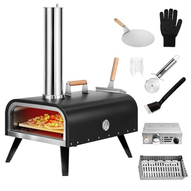 EDOSTORY Pizza Oven Outdoor Wood Fired and Gas Pizza Oven 12 Multi-Fuel Pizza Oven, Portable Pizza Maker Oven Grill for Outside Backyard, with Gas Burner, Wood Tray, oven gloves, Peel, and Cutter