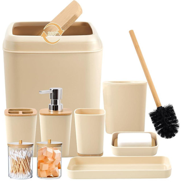 Beige Bathroom Accessories Set 9 Piece Bathroom Accessory Set with Trash Can,Toothbrush Holder,Toothbrush Cup,Lotion Soap Dispenser,Vanity Tray,Soap Dish,Toilet Brush,Qtip Holder