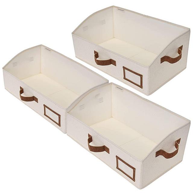 StorageWorks Closet Baskets, Canvas Baskets for Closet Shelves, Foldable Trapezoid Storage Bins with 3 PU Handles, Hand Wash, Ivory White, Jumbo, 3-Pack