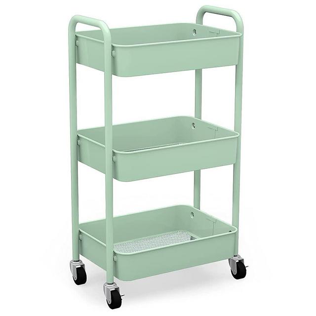 CAXXA 3-Tier Rolling Metal Storage Organizer - Mobile Utility Cart, Kitchen Cart with Caster Wheels (Aqua Green)