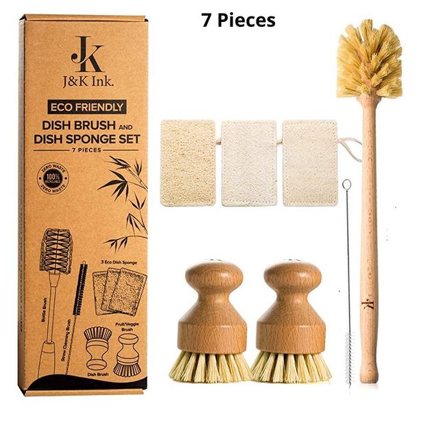 JK Ink. Mini Round Bamboo Dish Scrub Brushes Natural Loofah Dish Sponges Bottle Brush with Long Handle Eco Friendly Scrubbers Dish Cleaning Brushes for Pan Pot Fruit Vegetable Coconut Fibers Bristles
