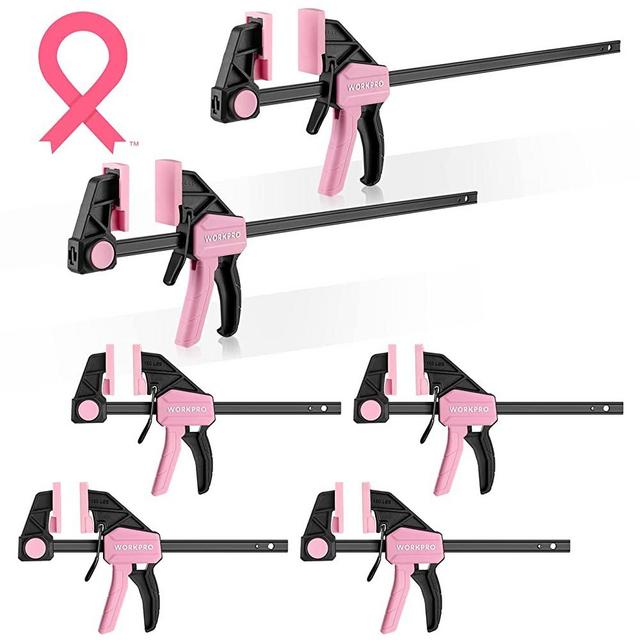 WORKPRO Bar Clamps for Woodworking, 6-Pack One-Handed Clamp/Spreader, 4PC 6" and 2PC 12" Wood Clamp Set, Light-Duty Quick-Change F Clamp with 150 lbs Load Limit, Pink Ribbon