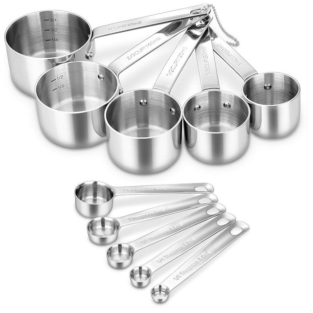 KEAWELL Premium 10-Piece 18/10 Stainless Steel Measuring Cups ans Spoons Set – Durable, Stackable, Dishwasher Safe – Nesting Design for Baking & Cooking (Silver, Measuring Cups & Spoons)