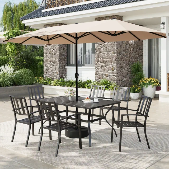 Captiva Designs 8pc Patio Slat-top Rectangle Steel Table & Stripe Back Stackable Chairs & Beige Umbrella