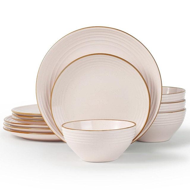 Famiware Jupiter Dinnerware Set, Plates and Bowls Sets for 4, Microwave and Dishwasher Safe, Scratch Resistant, 12 Pieces Dishes Set, Light Pink