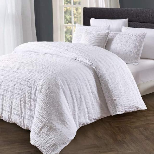 PHF Yarn Dyed Seersucker Duvet Cover Set with Stripe Lightweight 100% Cotton Bedding 3 Pieces Queen Size White