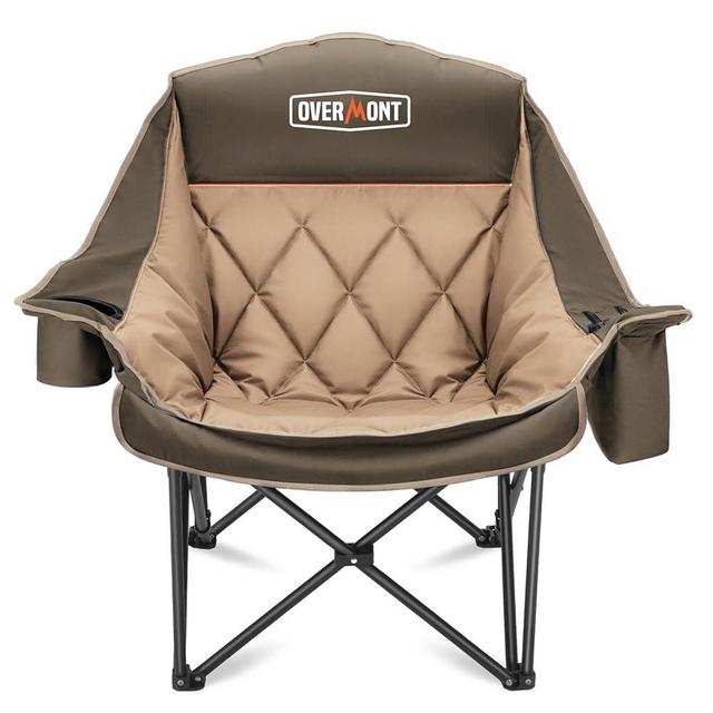 Overmont Oversized XL Camping Chair for Adults - 450lbs Support Heavy-Duty Padded Folding Chair with Side Pocket Cup Holder Cooling Bag for Outdoor Sports Garden Beach Fishing Lawn Khaki