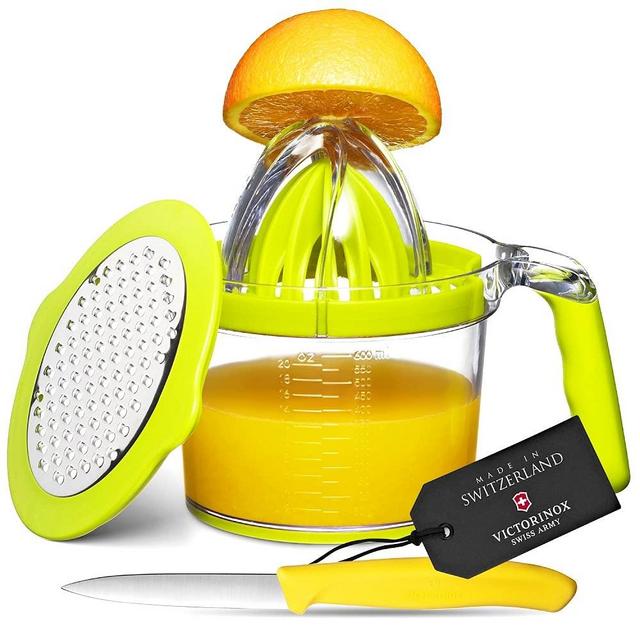 Eurolux 4-in1 Manual Juicer with Victorinox Swiss Made Fruit Knife - Multifunction Orange Lemon Squeezer, Hand Juice Extractor with Clear Measuring Cup, 2-Way Grater, Egg Separator, and Silicone Handle