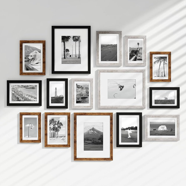 Venusmiles 15 Pack Picture Frames Collage Wall Decor, Gallery Frame Set for Wall Mounting or Tabletop Display, Multi Sizes Including 3pcs 8x10, 6pcs 5x7, 6pcs 4x6, Black+Rustic Brown+Distressed White