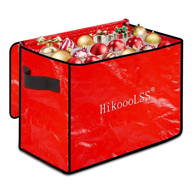 HikooLSS Christmas Ornament Storage Box - Stores up to 72 Holiday Ornaments with Adjustable Dividers,Covered Top,and Two Handles,Double Zipper. PE Material Keeps Holiday Ornaments Clean and Dry (Red)