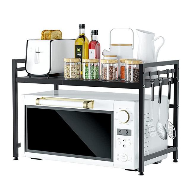 NETEL Extendable Microwave Oven Rack, Adjustable Microwave/Toaster Shelf Heavy Duty Stand Kitchen Counter Top Organizer(L15.7~23.6" xW12.6 xH17.1), 2-Tier with 4 Hooks, 55lbs Weight Capacity,Black