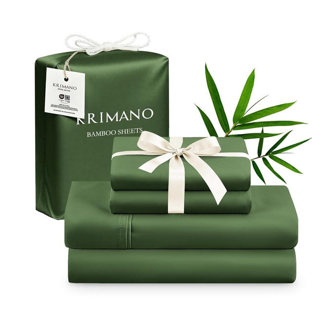 KRIMANO King Size Sheet Set, Bamboo Sheets for Bed Set 4pcs, 100% Organic Viscose Derived from Bamboo, Hotel Luxury Silky & Cooling for Hot Sleepers, Deep Pocket Up to 17", Olive