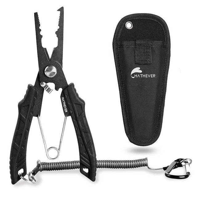 Hathever Saltwater Fishing Pliers, Split Ring Pliers for Fishing with Safety Lock, Fish Pliers with Sheath and Lanyard, Fishing Gifts for Men