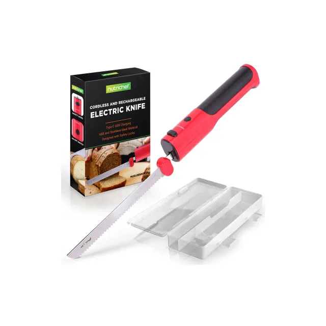 NutriChef Electric Bread Knife - NUELREKN3RED, Stainless Steel Blades, Lightweight Design, USB Rechargeable, Red