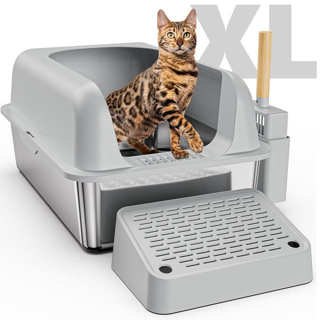 Stainless Steel Litter Box with Lid, XL Metal Litter Box for Big Cats with High Wall Slides Enclosure, Anti High-Peeing Spraying, Anti-Leakage Non-Sticky Easy to Clean