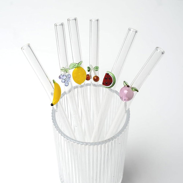 Glass Straws Shatter Resistant with Fruit Charms - Reusable, Cute, Short, Clear Glass Straws for Smoothies, Drinks, Milkshakes, Juices, Tea - Modern Home Essentials