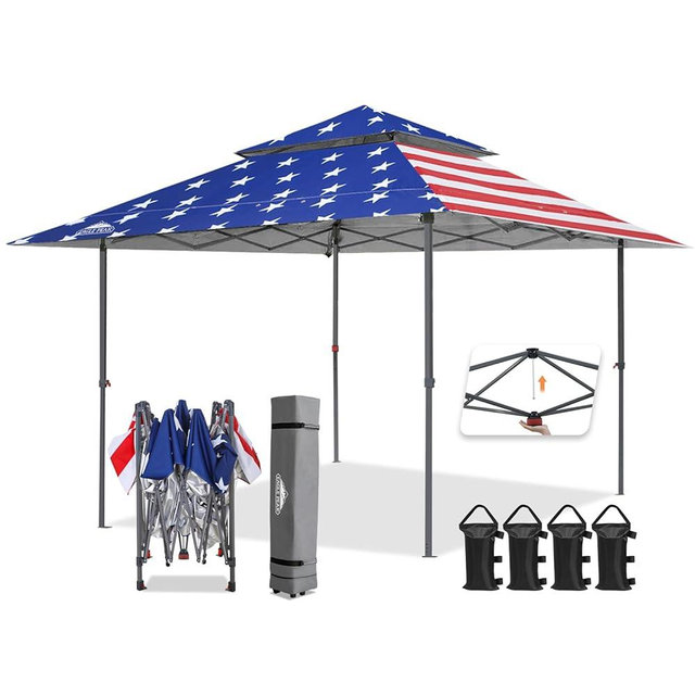 EAGLE PEAK 13x13 Straight Leg Pop Up Canopy Tent Instant Outdoor Canopy Easy Single Person Set up Folding Shelter w/Auto Extending Eaves 169 Square Feet of Shade (American Flag)