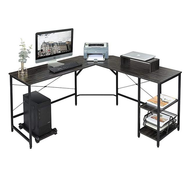DEVAISE L Shaped Computer Desk, Modern Corner Computer Desks with CPU Stand Adjustable Shelves for Home Office Study Writing Gaming Wooden Table Workstation, Black