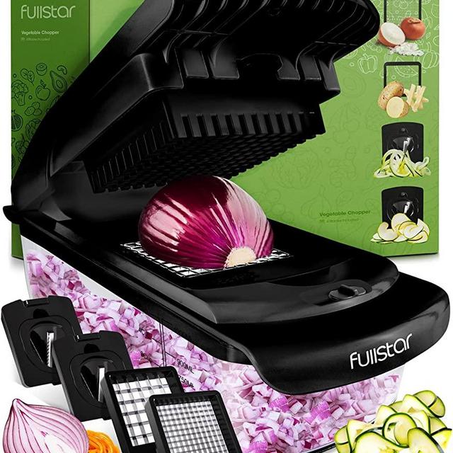 Fullstar Vegetable Chopper - Spiralizer Vegetable Slicer - Onion Chopper with Container - Pro Food Chopper - Black Slicer Dicer Cutter - 4 Blades