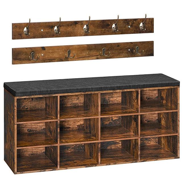 HOOBRO Coat Rack Shoe Bench with 12 Cubbies, 39.4" Hall Tree Entryway Storage Bench, Holds up to 330 lb, Shoe Rack Bench with Cushion, Storage Cabinet for Bedroom, Hallway, Rustic Brown BF112HX01G1