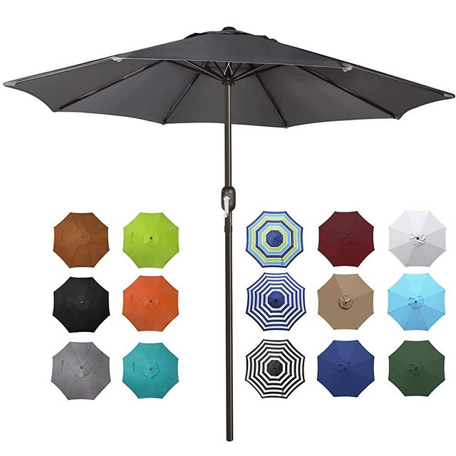 Blissun 9' Outdoor Aluminum Patio Umbrella, Market Striped Umbrella with Push Button Tilt and Crank, Dark Grey