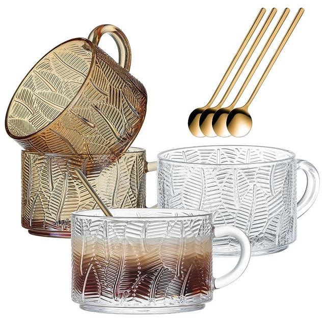 Buaic Vintage Coffee Mugs, Glass Coffee Mugs 14 Oz Set of 4 Leaf Embossed Glass Cups, Overnight Oats Mugs,Coffee Glasses for Cappuccino, Latte,Tea, Cereal, Yogurt, Beverage Birthday Gifts