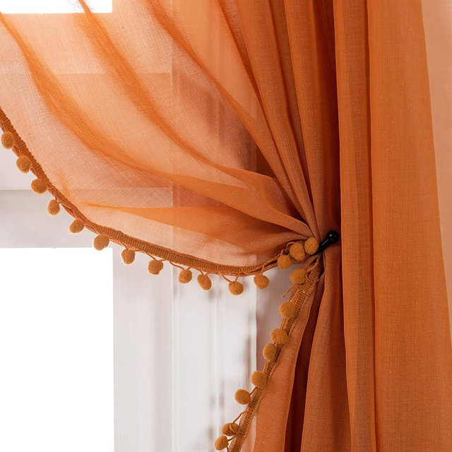 MISS SELECTEX Linen Look Pom Pom Tasseled Sheer Curtains - Rod Pocket Voile Semi-Sheer Curtains for Living and Bedroom, Set of 2 Curtain Panels (52 x 84 inch, Pumpkin Yellow)